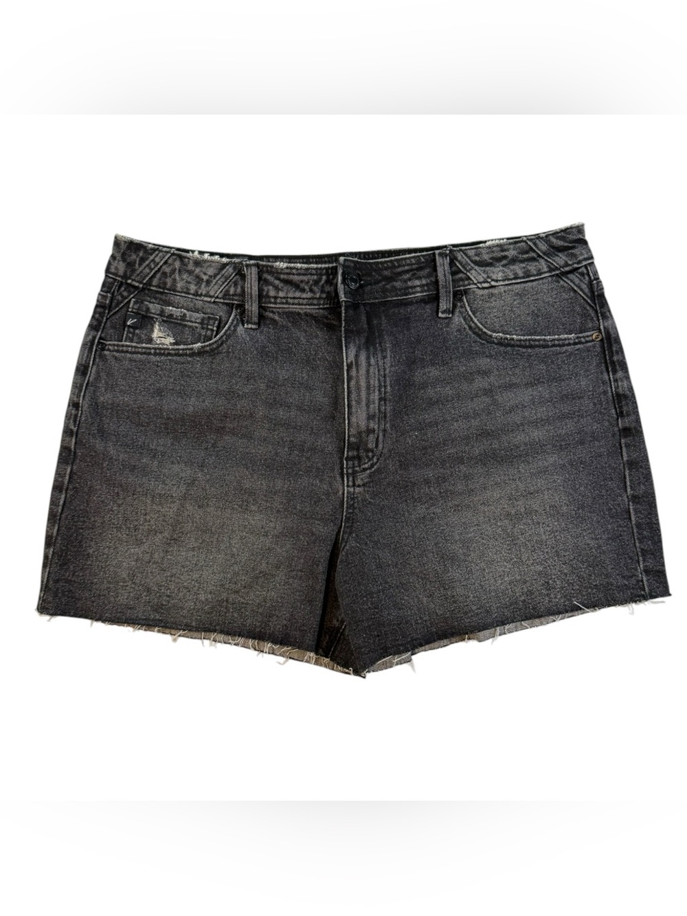 KanCan Black Acid Wash Denim Shorts Womens 31 Raw Hem Mid Rise Stretch